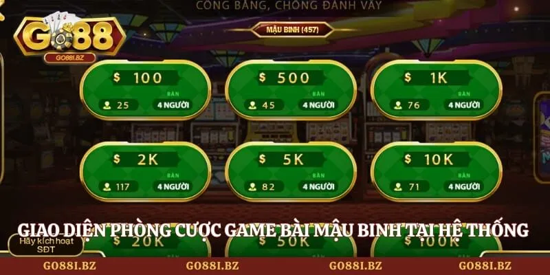 Giao diện phòng cược game bài mậu binh tại hệ thống hiện đại