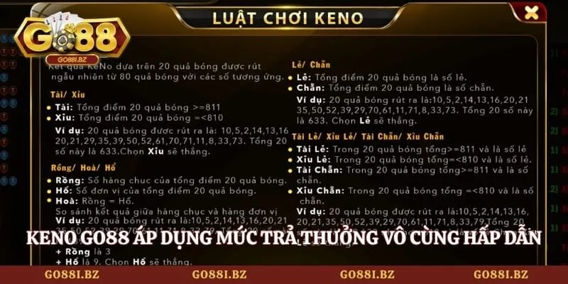 Keno GO88 áp dụng mức trả thưởng vô cùng hấp dẫn